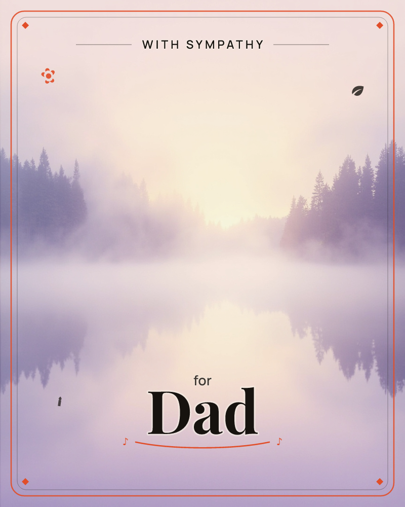 A still lake at dawn, wrapped in low mist that blurs the line between water and sky, a sympathy e-card design