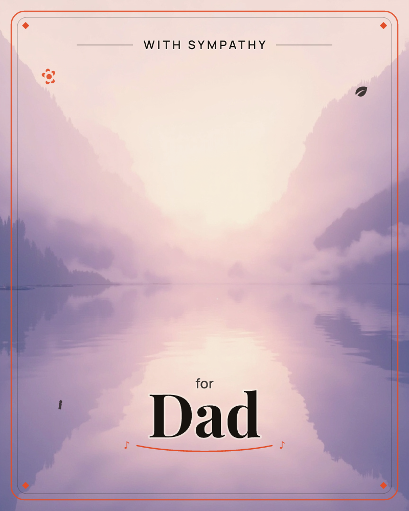 A misty mountain lake glows at dawn, with layered purple peaks fading into fog on either side, a sympathy e-card design