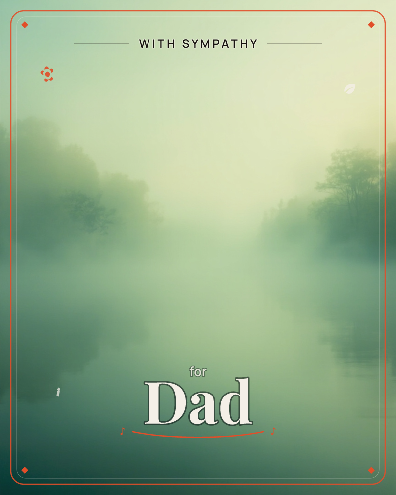A still river vanishes into thick morning mist, its glassy surface mirroring the pale, silvery trees along both banks, a sympathy e-card design