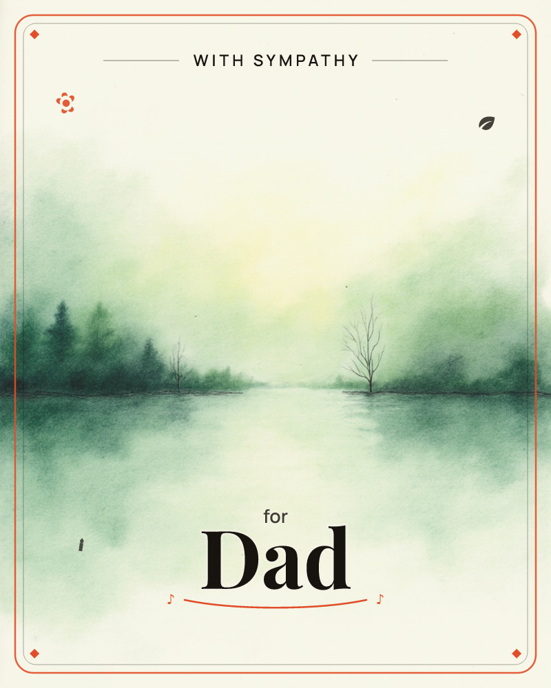 A misty lake scene rendered in soft watercolour greens, with a dark tree line on the left and a single bare tree standing alone on the right, its…, a sympathy e-card design