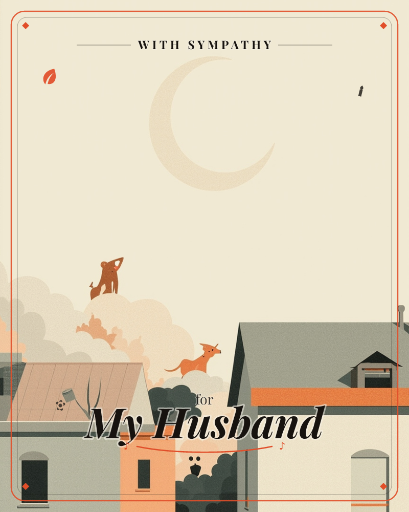 A pale crescent moon hangs over a rooftop skyline where a small figure stands atop a hazy cloud bank, shading their eyes as if scanning the horizon…, a sympathy e-card design