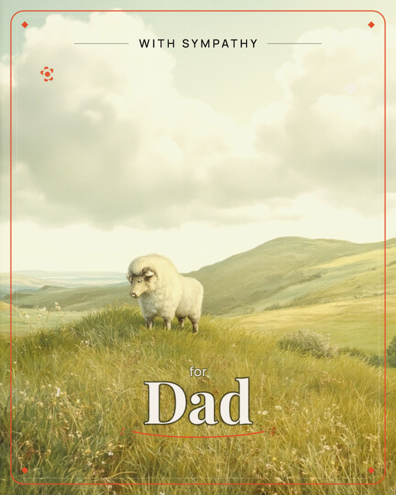 A single woolly sheep stands alone on a grassy hilltop, its curled horns catching the soft light beneath a wide sky heavy with billowing clouds, a sympathy e-card design