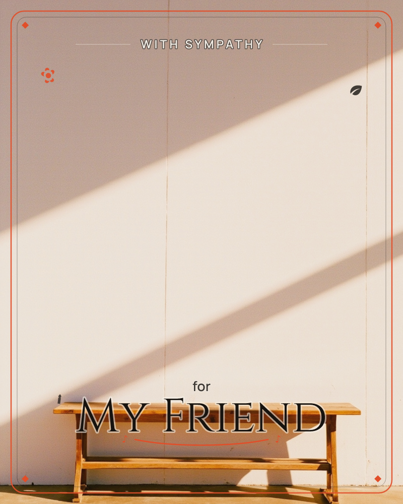 A plain wooden bench sits against a bare white wall, empty and waiting, a sympathy e-card design