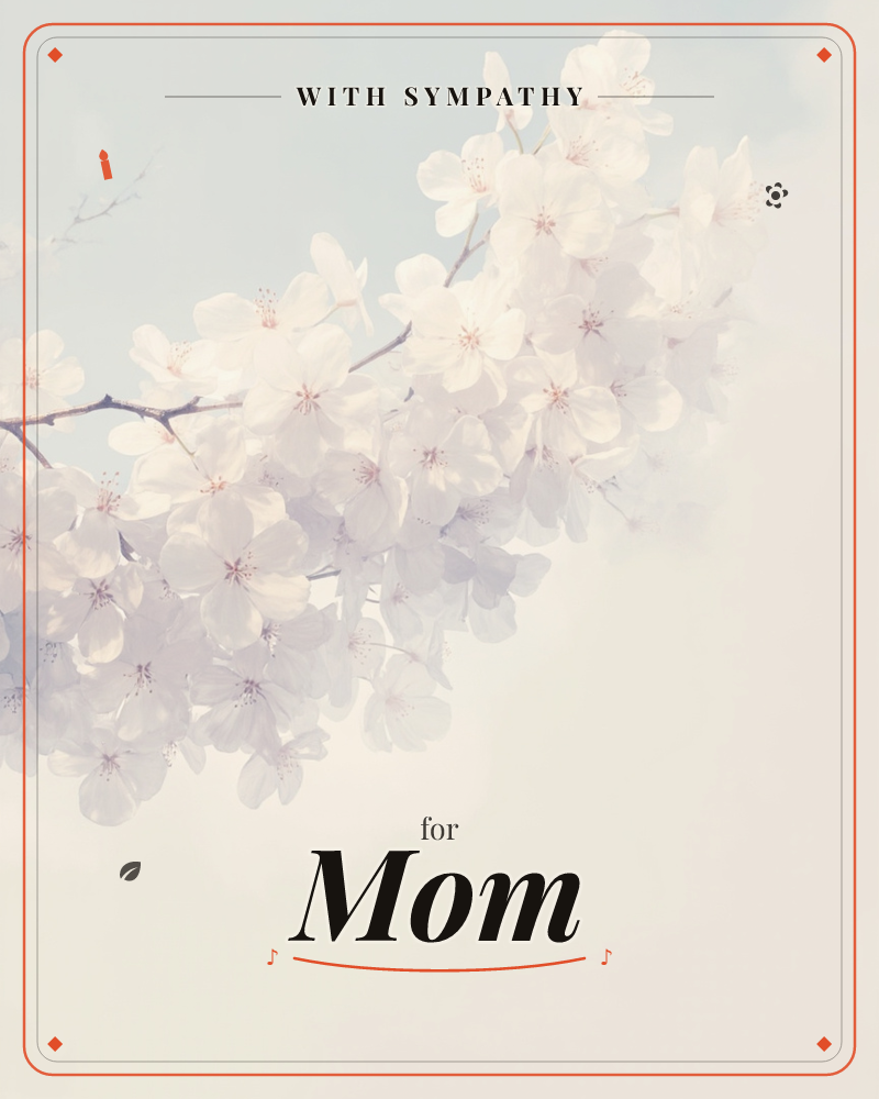 A branch of cherry blossoms stretches across a soft, hazy background, its pale pink and white petals catching a gentle, diffused light, a sympathy e-card design