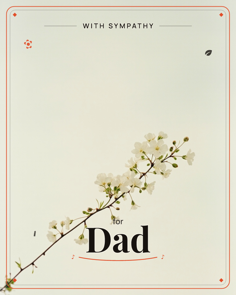 A single flowering branch stretches diagonally across a pale, near-white background, dotted with small white blossoms and unopened green buds along a…, a sympathy e-card design