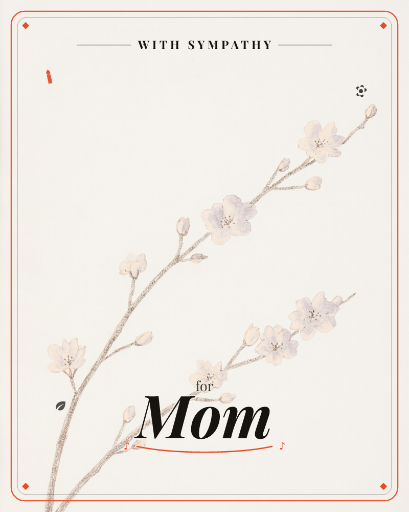 A single cherry blossom branch stretches diagonally across a plain cream background, its slender stem dotted with small buds and delicate five-petalled…, a sympathy e-card design