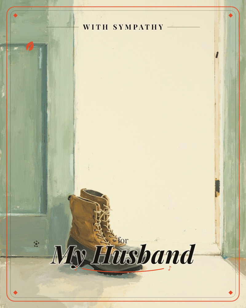 A pair of tan and grey work boots sits by an open sage-green door, laces loose, waiting on a pale wooden floor, a sympathy e-card design