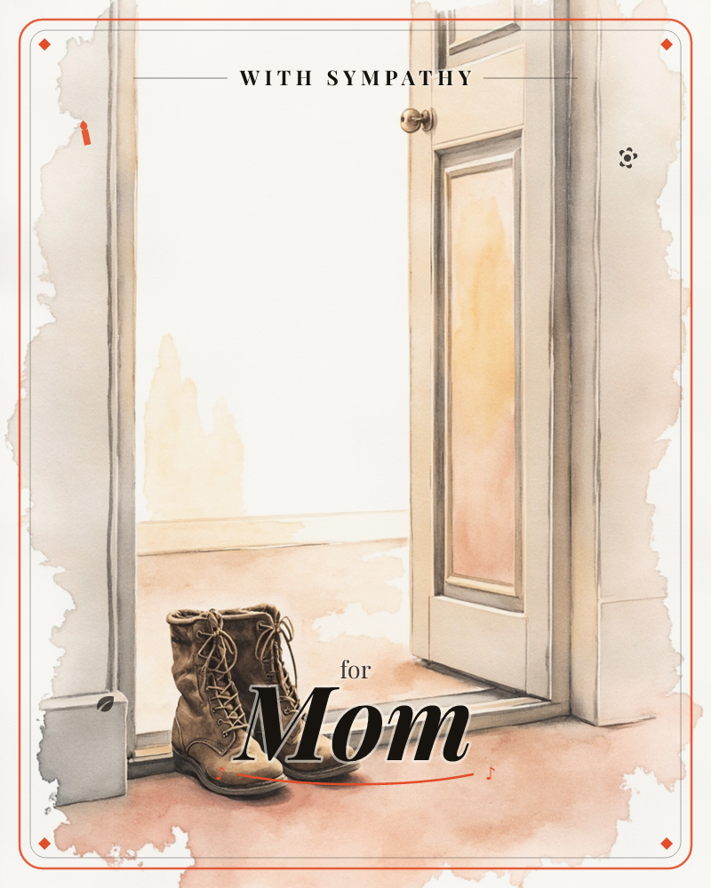 A pair of worn lace-up leather boots sits on a doorstep just inside an open front door, painted in soft washes of amber and peach light, a sympathy e-card design