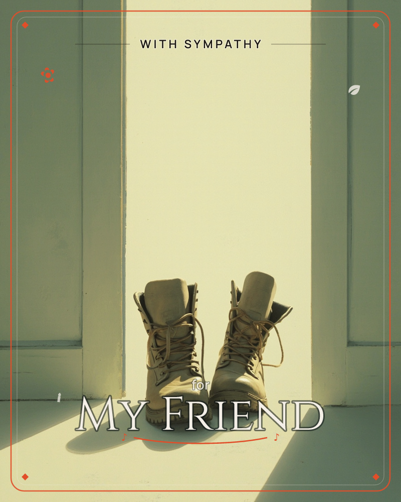 A pair of worn work boots stands upright in a doorway, laces loose and undone, as bright light floods in from outside and throws long shadows across…, a sympathy e-card design