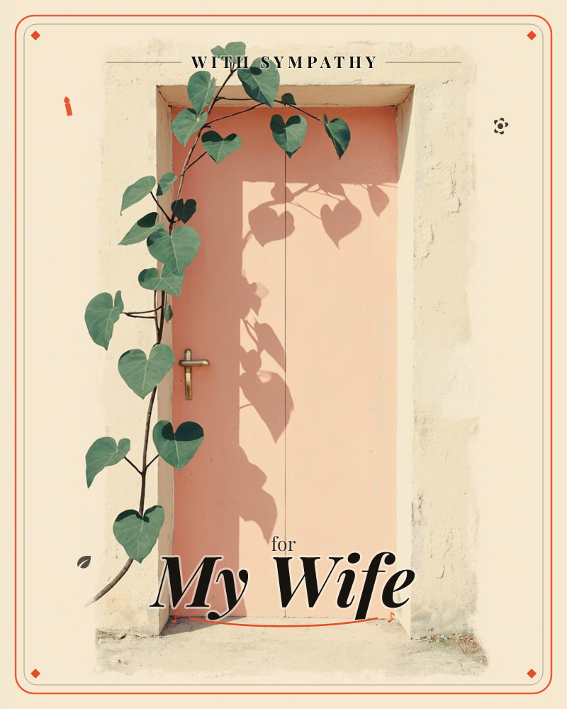 A peach-pink door sits within a rough plastered wall, its brass handle catching the sunlight, a sympathy e-card design