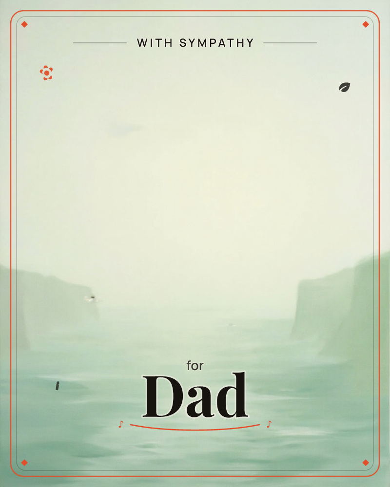 A hazy seascape shows two soft cliff faces framing a quiet channel of pale green water, with a single small bird gliding low over the surface, a sympathy e-card design