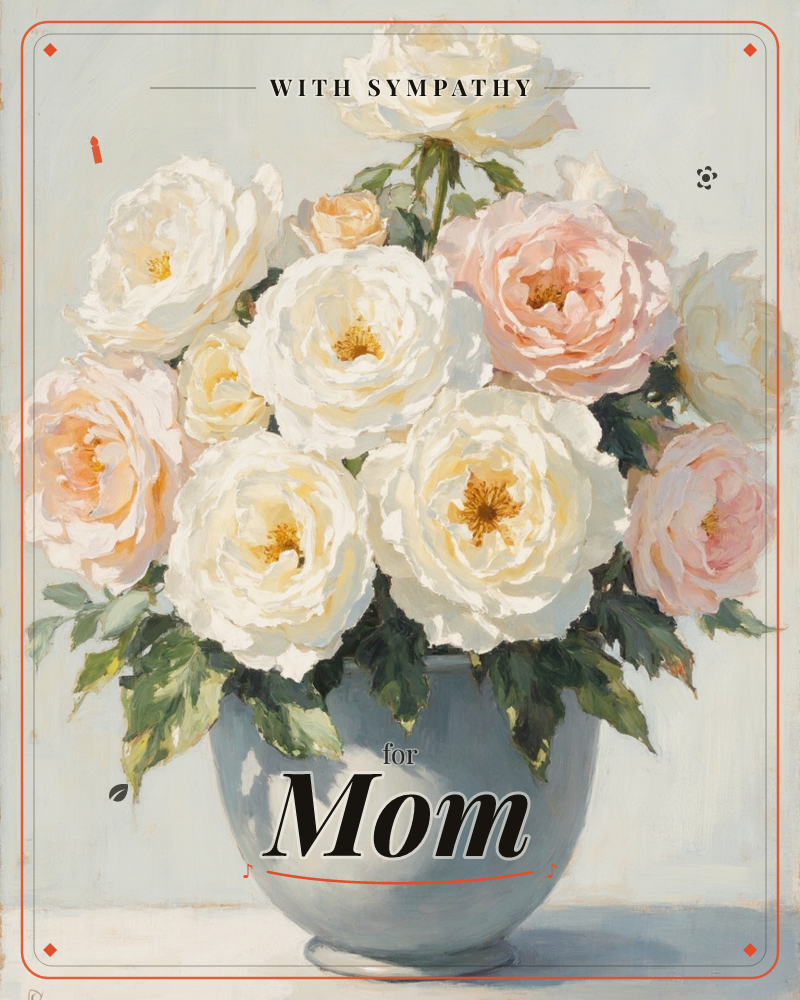 A full bouquet of cream-white and blush-pink roses billows from a pale blue-grey ceramic vase, painted in loose, buttery brushstrokes against a soft…, a sympathy e-card design