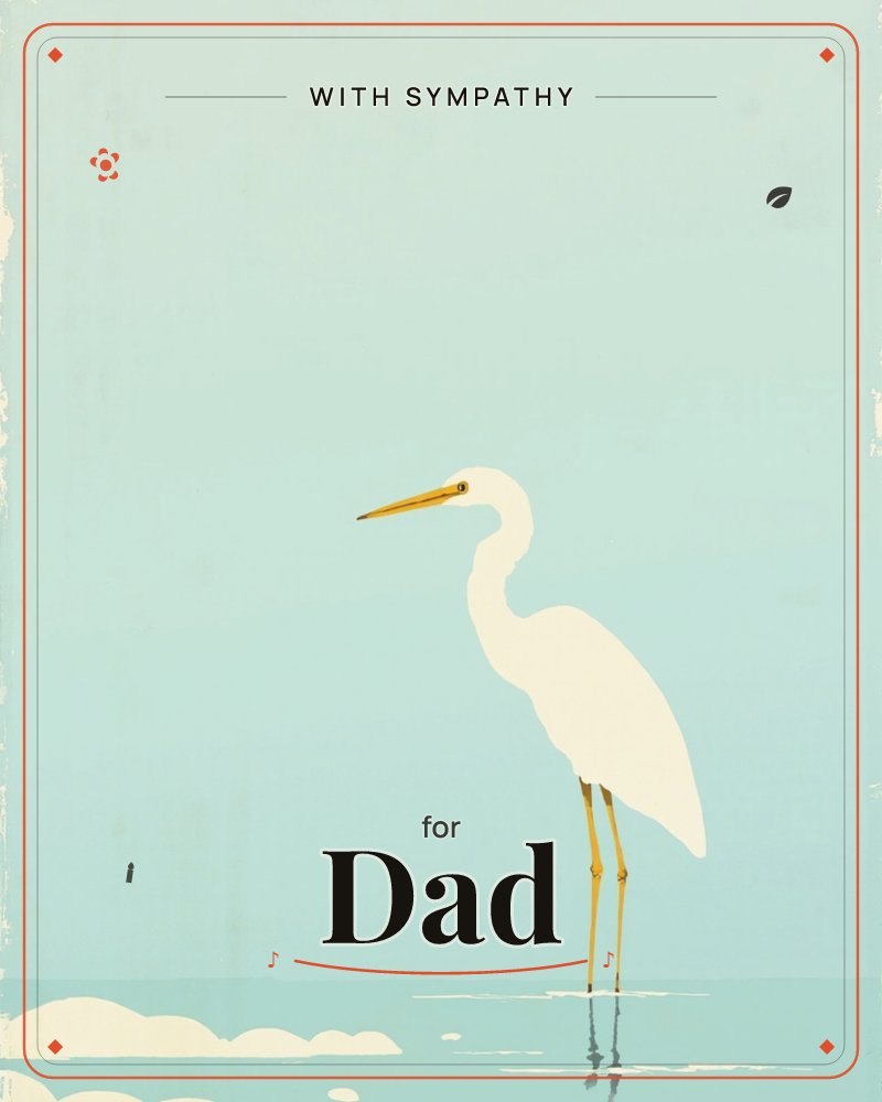 A tall white egret stands motionless in shallow, pale-blue water, its slender yellow legs mirrored faintly beneath it, a sympathy e-card design