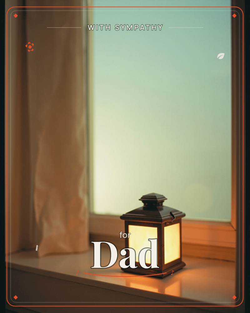 A small dark-metal lantern glows softly on a windowsill, its frosted glass panels lit from within against a pale, hazy window, a sympathy e-card design
