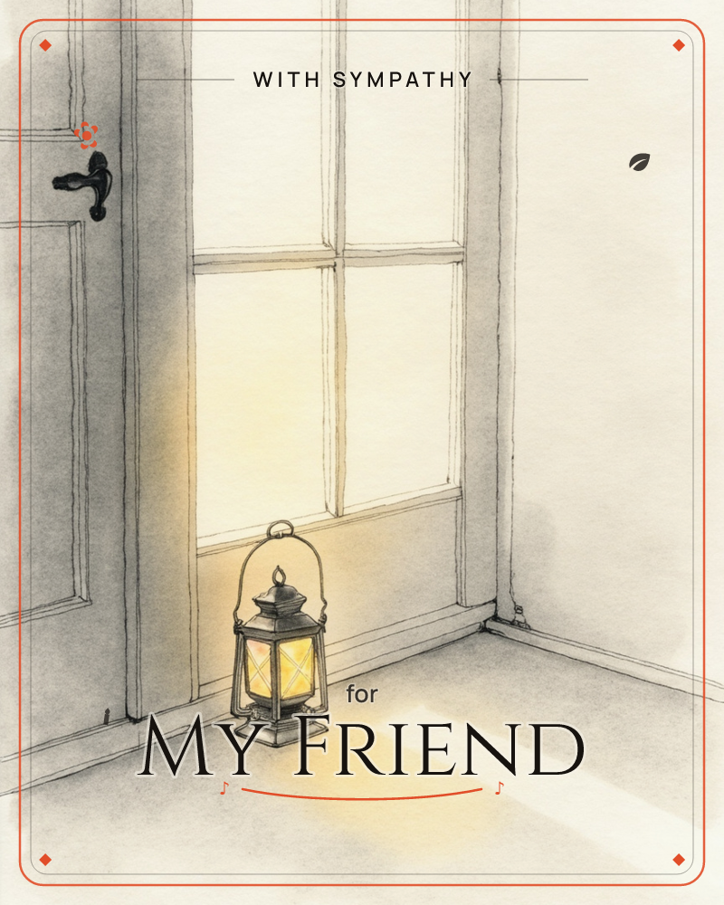 A lit lantern rests on bare floorboards in the corner of an empty room, its warm glow spilling across a paned window beside a panelled door, a sympathy e-card design