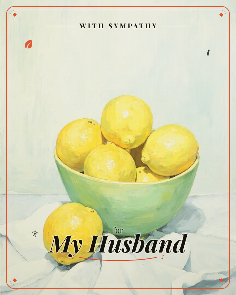 A pale mint-green bowl overflows with plump yellow lemons, one having tumbled loose to rest on the rumpled white cloth below, a sympathy e-card design