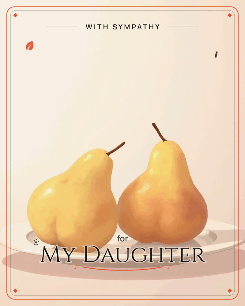 Two golden-yellow pears sit side by side on a white plate, their curved forms catching a soft, warm light against a pale blush background, a sympathy e-card design