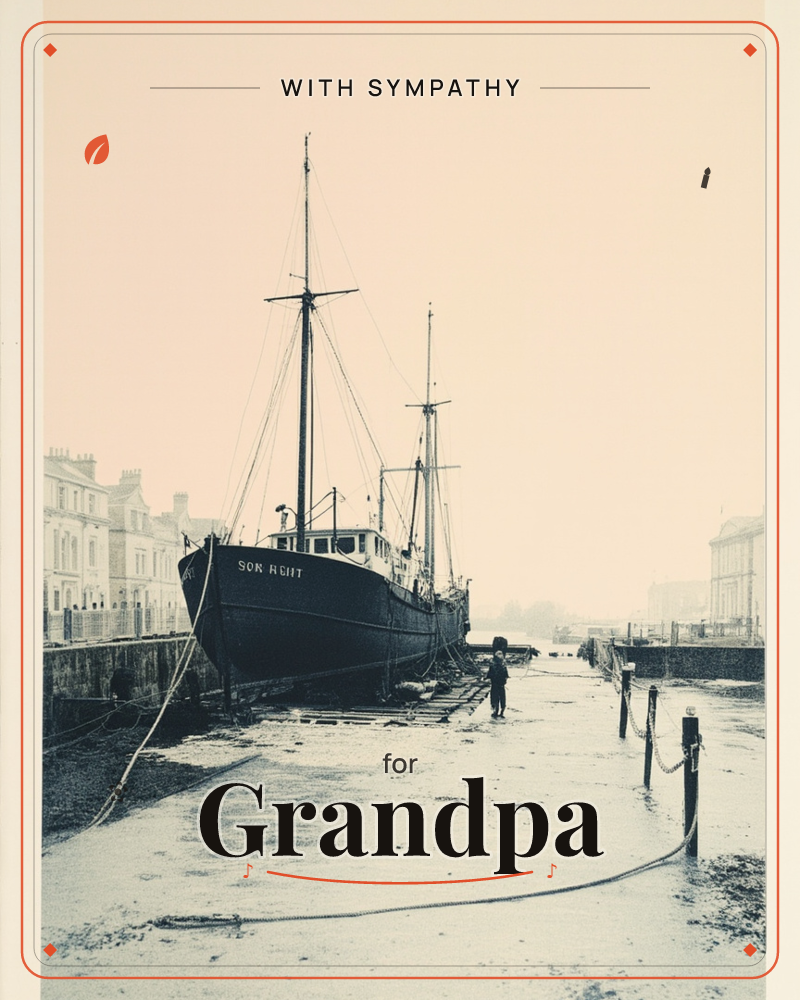 A vintage sailing ship named 'Sor Right' rests in a dry dock at low tide, its dark hull propped against the harbour wall while thick mooring ropes coil…, a sympathy e-card design