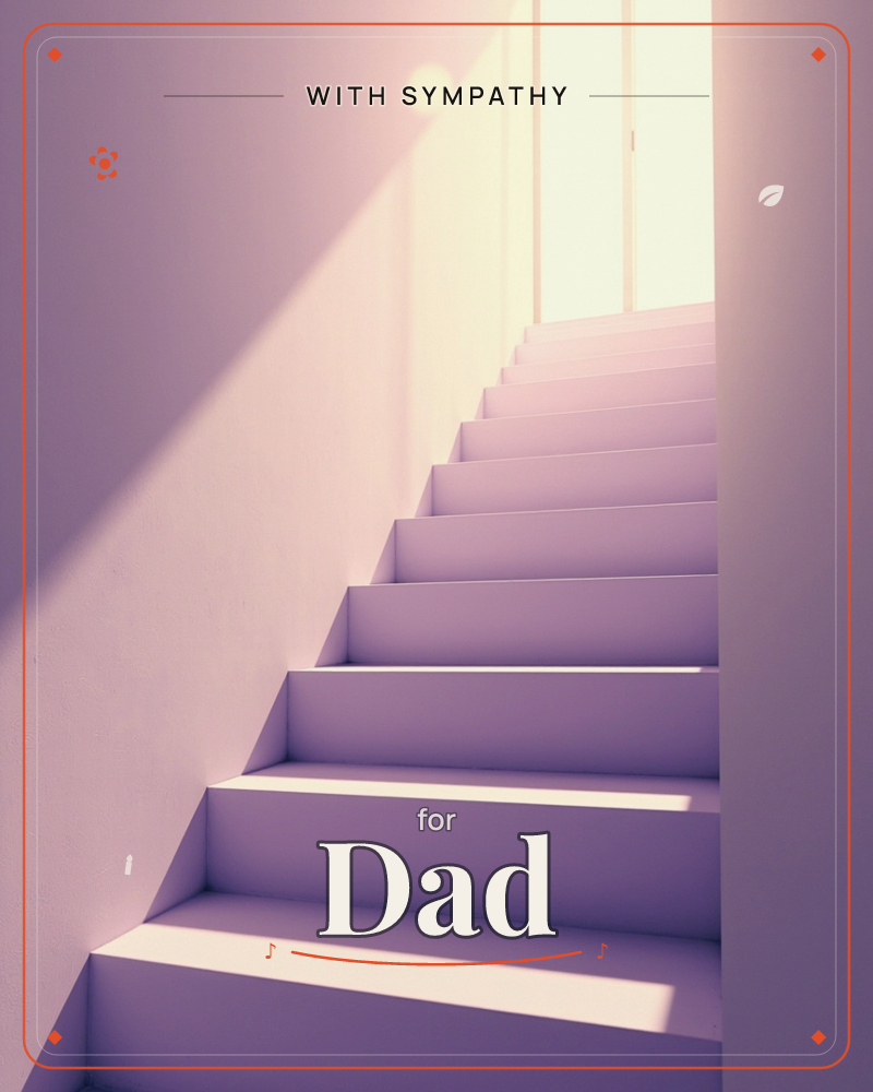 A minimalist staircase rises toward an open doorway flooded with bright light, its plain walls washed in soft lavender and pink tones, a sympathy e-card design