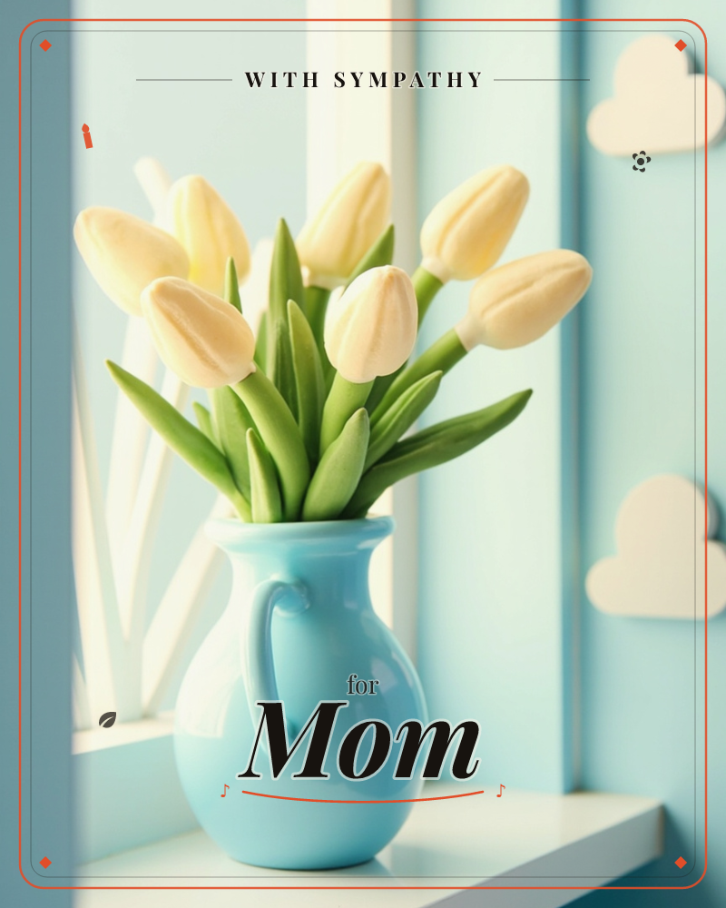 A bunch of pale yellow tulips sits in a glossy sky-blue ceramic vase on a white windowsill, backlit by soft daylight filtering through sheer curtains, a sympathy e-card design
