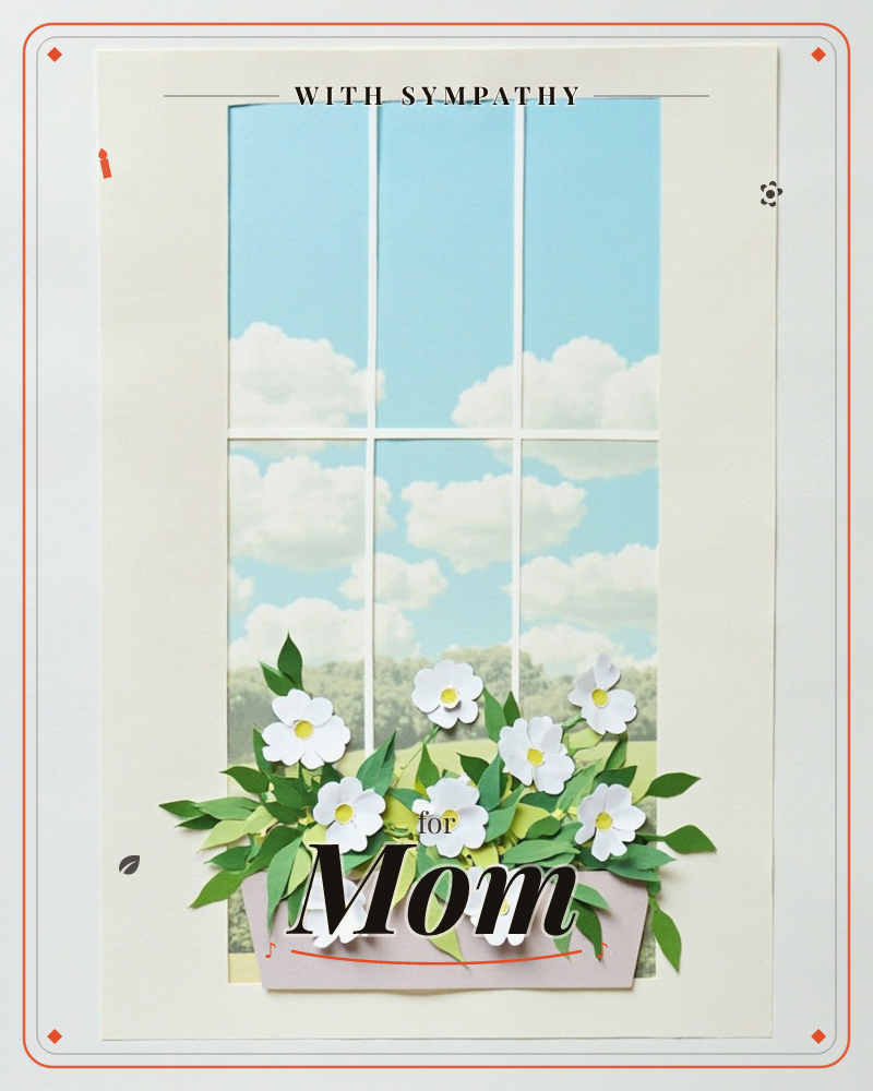 A paper-craft window frame looks out onto a bright blue sky filled with puffy clouds, with a distant tree line visible below, a sympathy e-card design