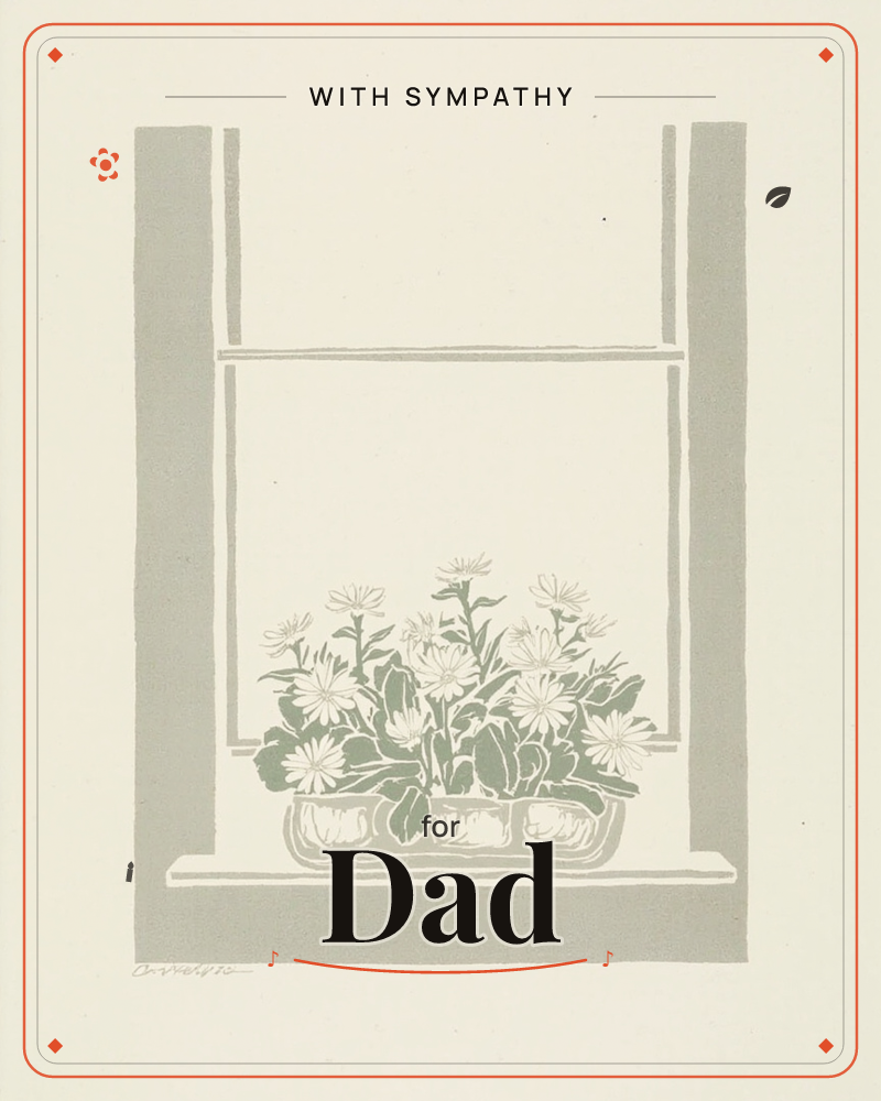 A simple window frame is rendered in flat grey against cream, empty of any view, with a long planter of daisies sitting on the sill, a sympathy e-card design