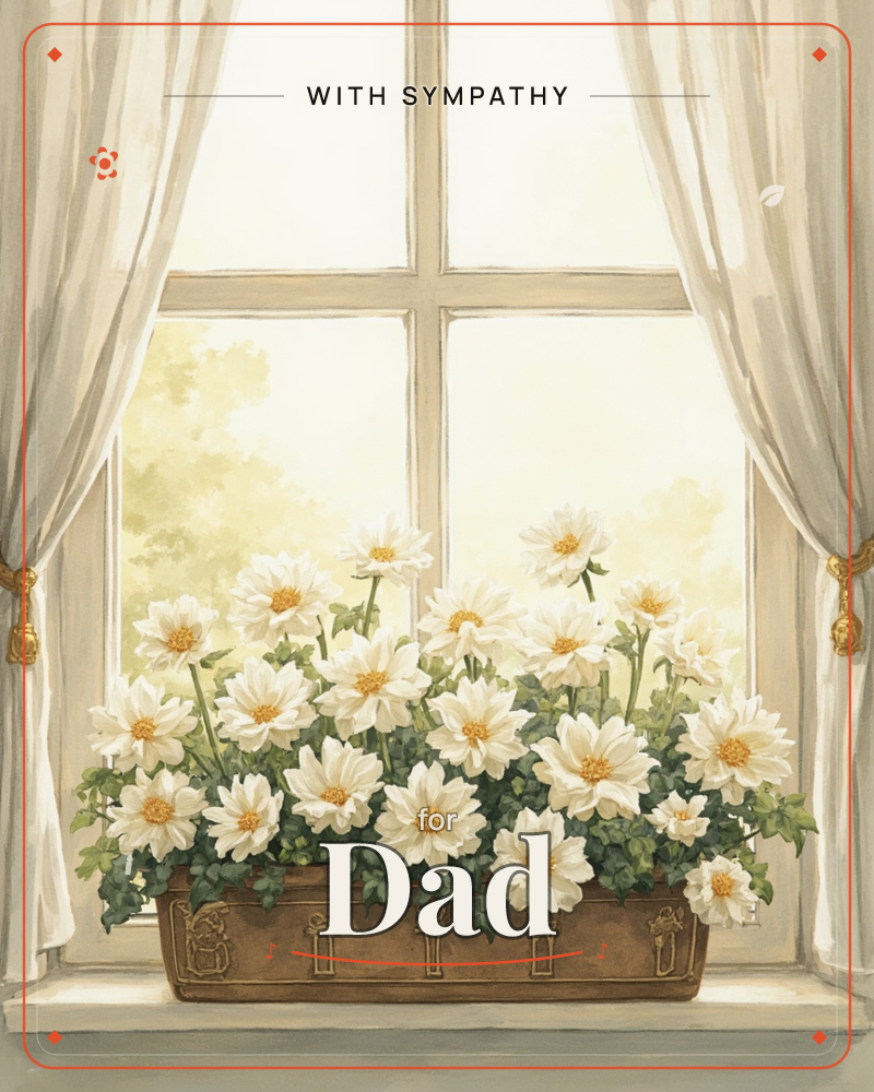 A window box brims with white daisy-like blooms and green leaves, set on a sunlit sill inside a room with soft draped curtains tied back with gold tassels, a sympathy e-card design