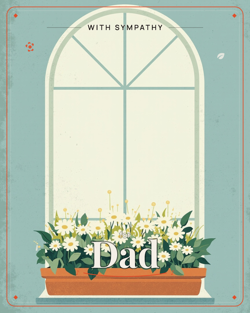 An arched window with pale mint-green frames glows softly against a darker teal wall, its panes lit from within like early morning, a sympathy e-card design