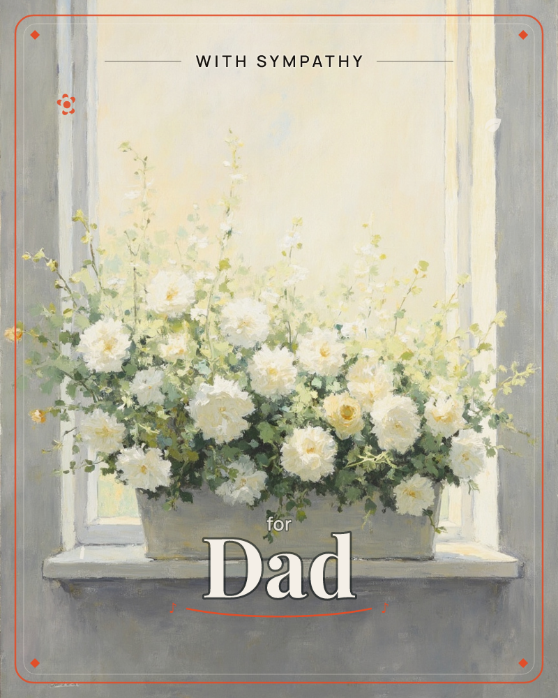 A window box brimming with white peonies and roses sits on a stone sill, backlit by soft, hazy daylight filtering through tall panes, a sympathy e-card design