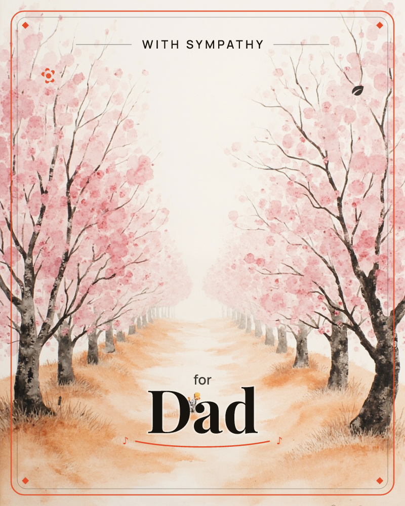 A watercolour avenue of cherry trees stretches into a pale mist, their blossoms rendered as soft dabs of pink against dark, inky trunks, a sympathy e-card design