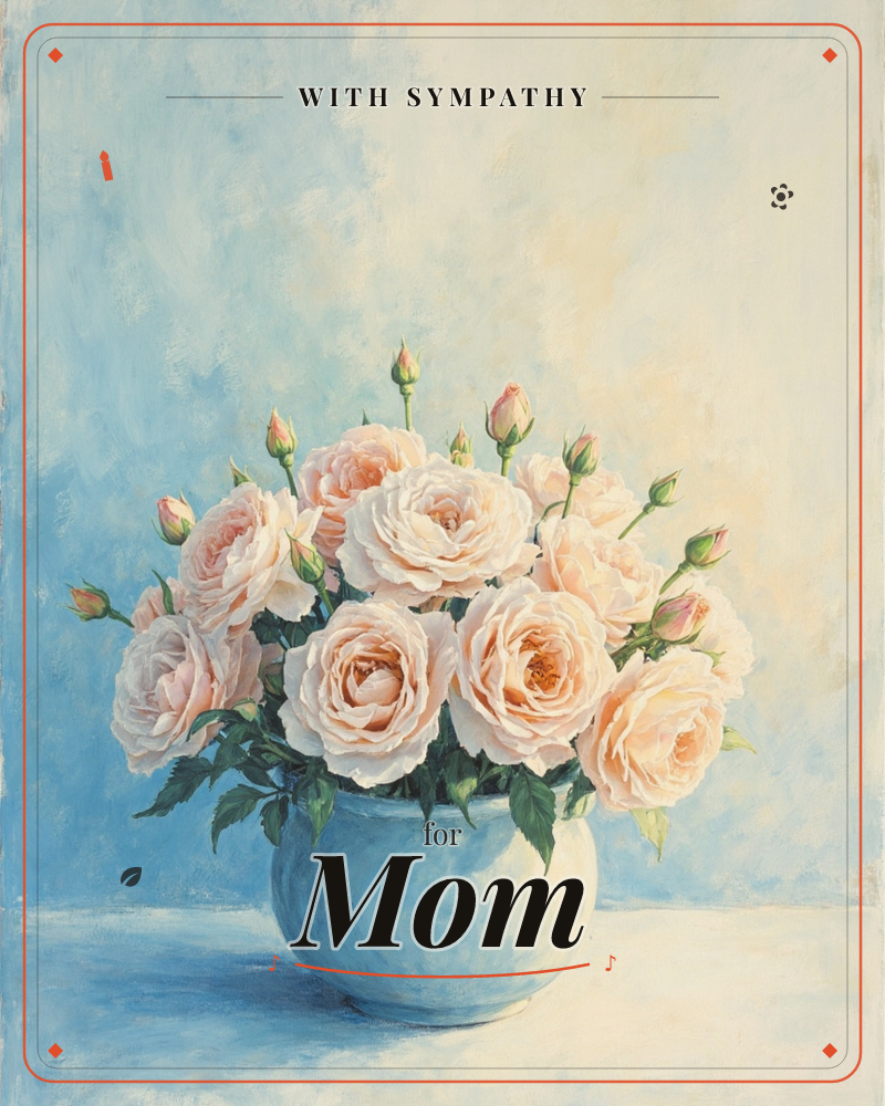 A rounded pale blue vase holds a full bouquet of blush-peach roses in various stages of bloom, from tight buds to fully open blossoms with layered petals, a sympathy e-card design