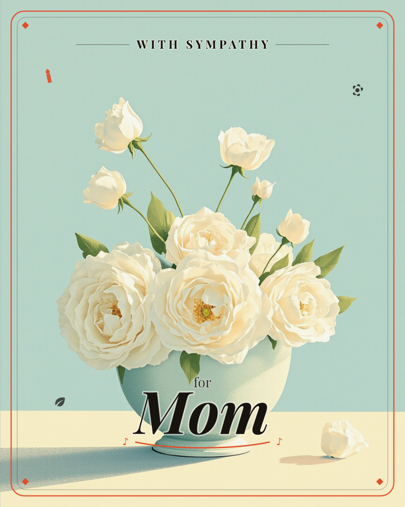 A round pale mint vase holds a full bouquet of creamy white roses and peonies on tall slender stems, set against a soft duck-egg blue background and…, a sympathy e-card design
