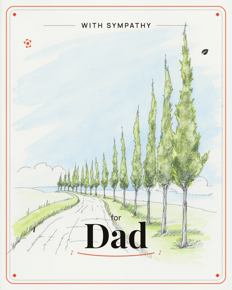 A country road curves gently into the distance, lined on both sides by tall, slender cypress trees under a soft blue sky, a sympathy e-card design