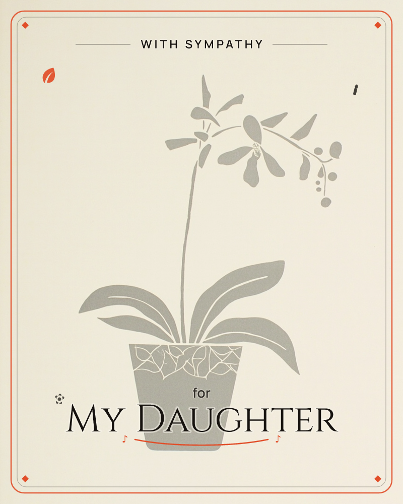 A single potted orchid stands in silhouette, its arched stem dotted with blooms and its pot showing a delicate tangle of visible roots through the…, a sympathy e-card design