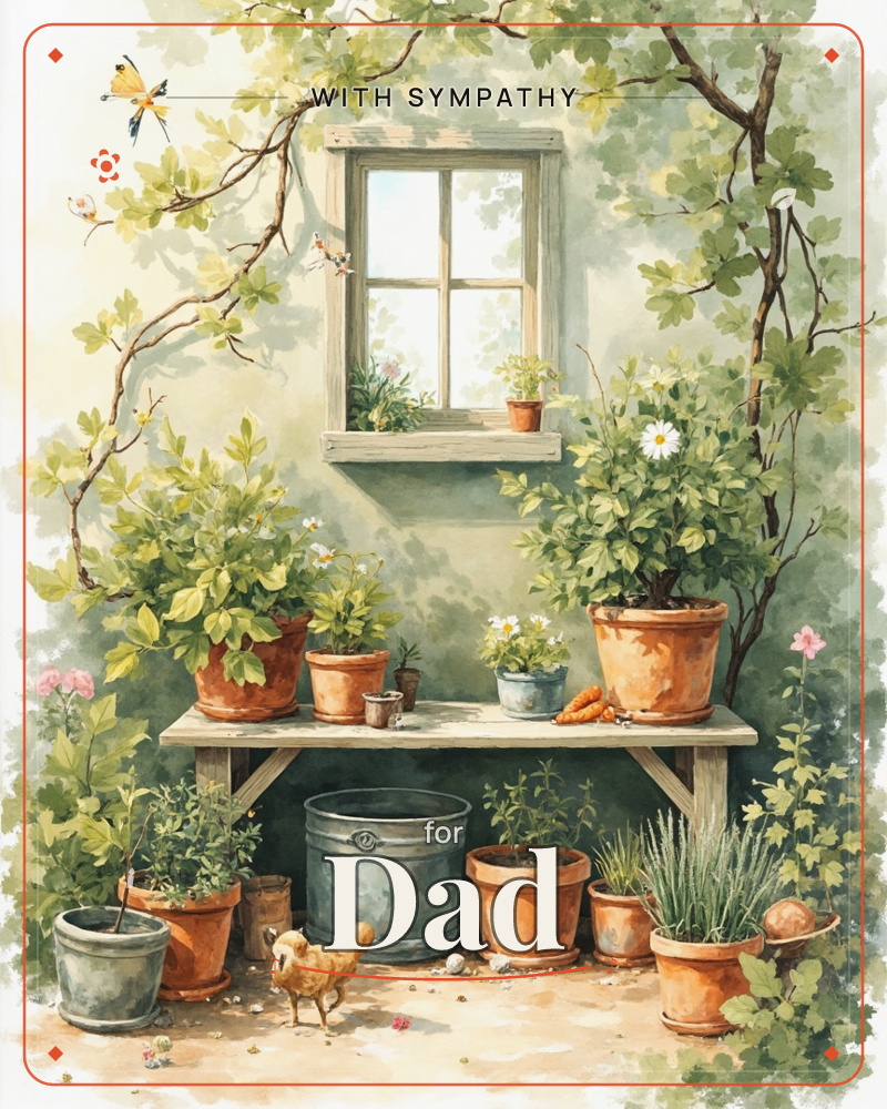 A cottage window is framed by climbing branches and green leaves, with terracotta pots of daisies, herbs and geraniums lined along a wooden bench below it, a sympathy e-card design