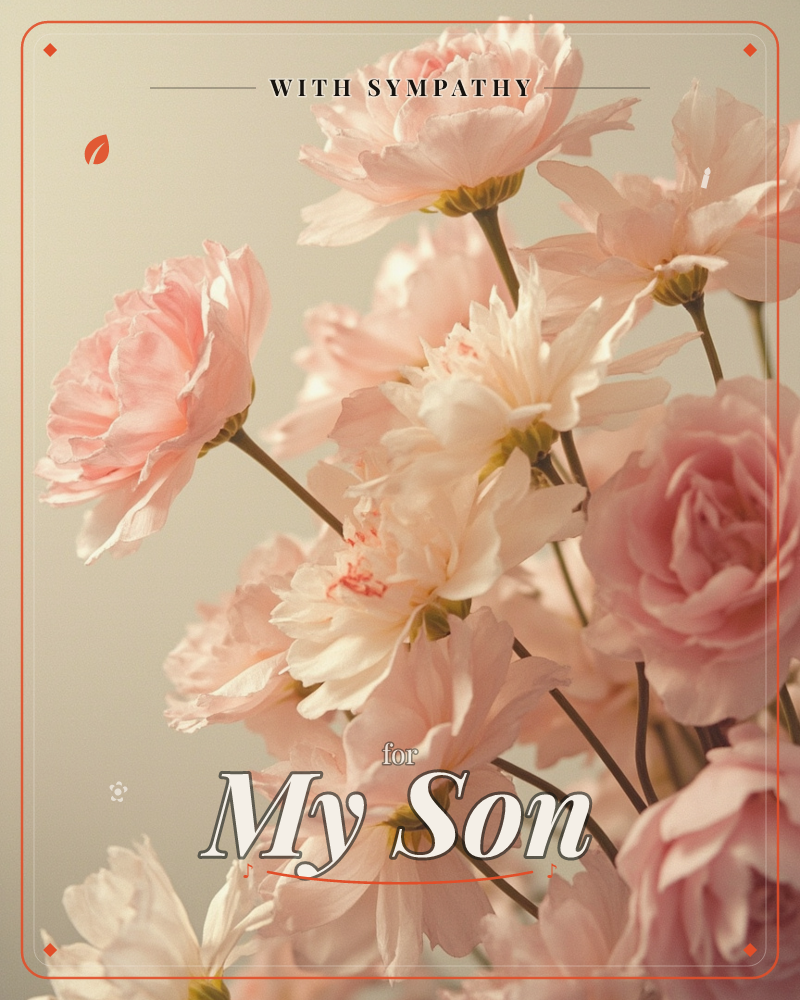 A close-up cluster of ruffled pink blossoms and full-blown roses fills the frame against a soft, warm neutral backdrop, a sympathy e-card design