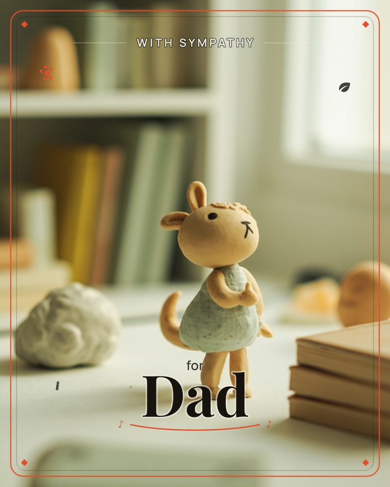 A small handmade clay figure of a mouse-like creature in a pale blue dress stands on a sunlit desk, next to a lump of grey clay and a stack of books, a sympathy e-card design