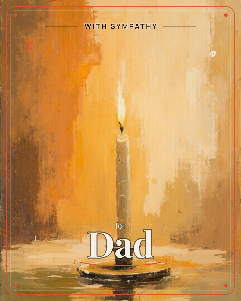 A single lit candle stands in a squat round holder, its small flame glowing against a broad backdrop of blended amber, ochre and cream brushstrokes, a sympathy e-card design