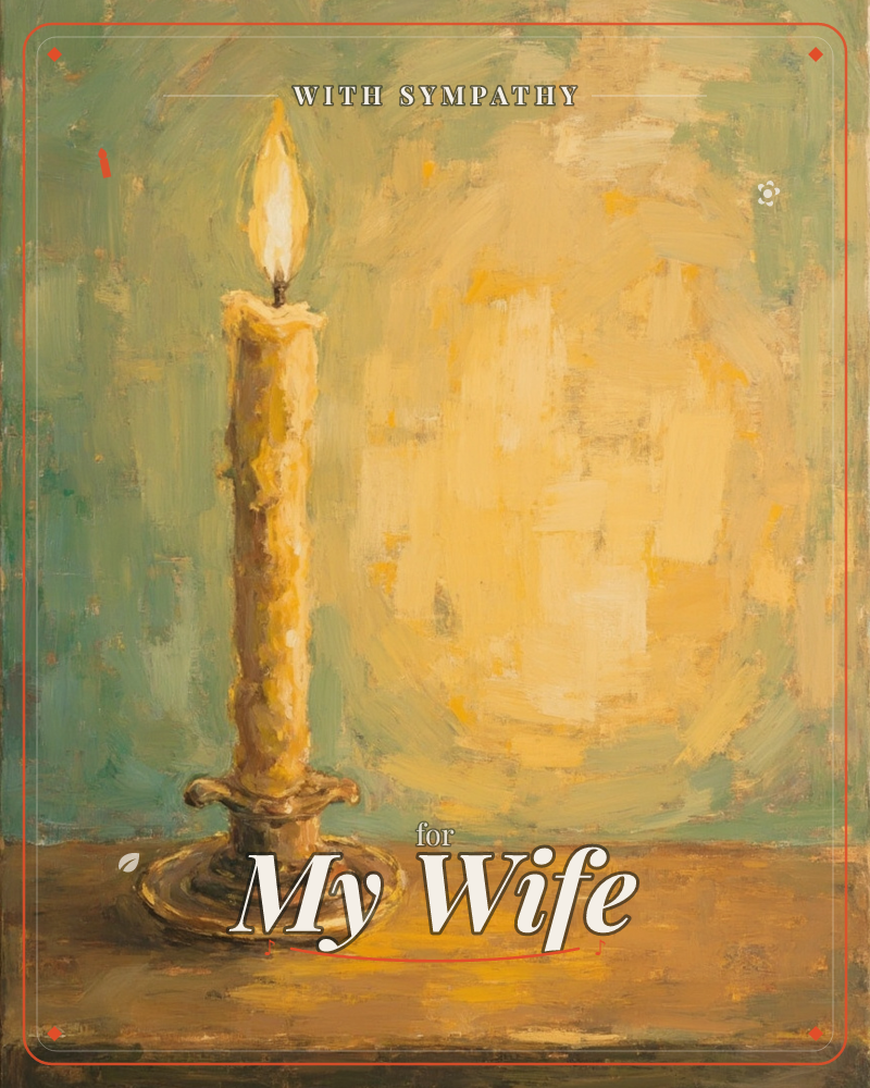 A single lit candle stands in a small brass holder on a wooden table, its flame casting a warm golden glow against a softly brushed sage-green wall, a sympathy e-card design
