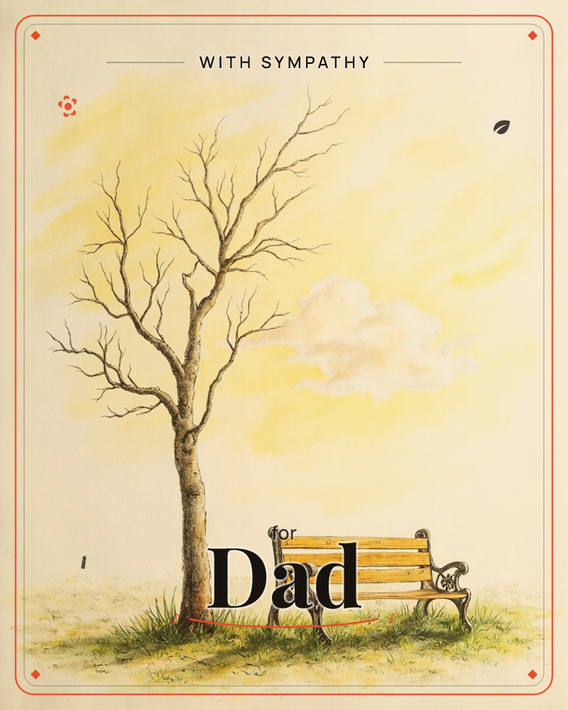 A bare, finely branched tree stands beside an empty wooden park bench on a patch of grass, under a soft yellow sky with a single pale cloud, a sympathy e-card design