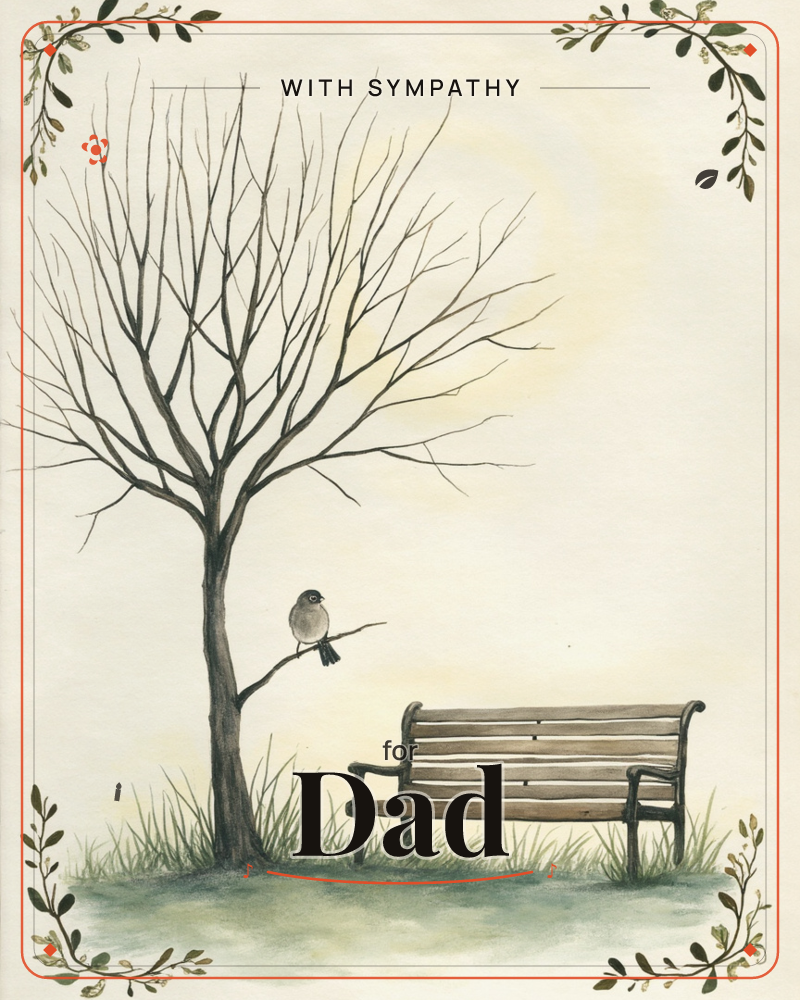 A bare, spindly tree stands beside an empty wooden park bench, with a small bird perched quietly on one of its low branches, a sympathy e-card design