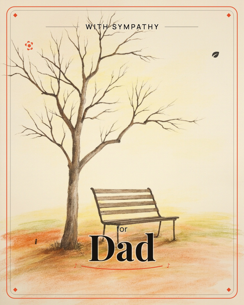 A bare, leafless tree stands beside an empty wooden park bench on a patch of ground streaked with rust, ochre and faded green, a sympathy e-card design