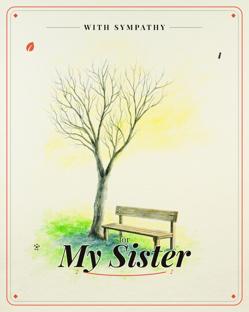 A bare, branching tree stands beside an empty wooden park bench, with a soft glow of yellow light spreading behind them and patches of green and blue…, a sympathy e-card design