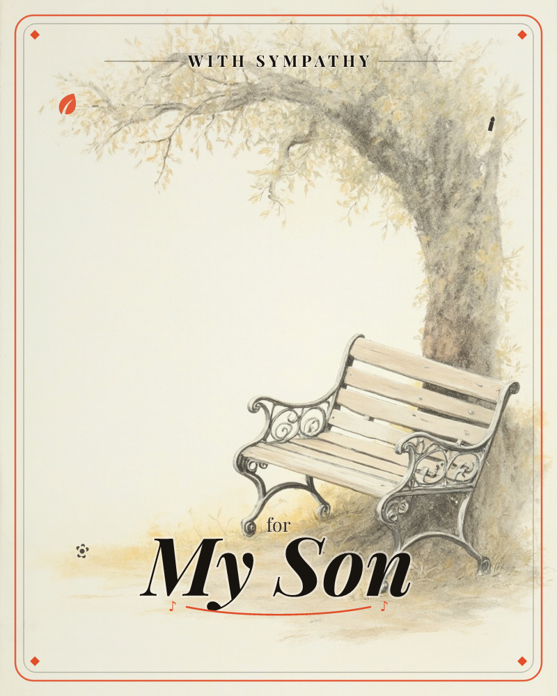 A wooden park bench with ornate wrought-iron sides sits beneath the sweeping branches of an old tree, its pale leaves scattered lightly overhead, a sympathy e-card design