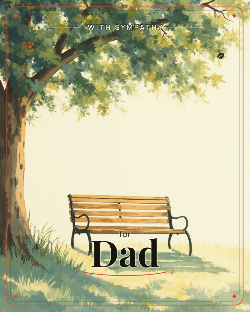 An empty wooden park bench with black iron armrests sits beneath the sprawling shade of a large tree, its leafy canopy dappled in sunlight above, a sympathy e-card design