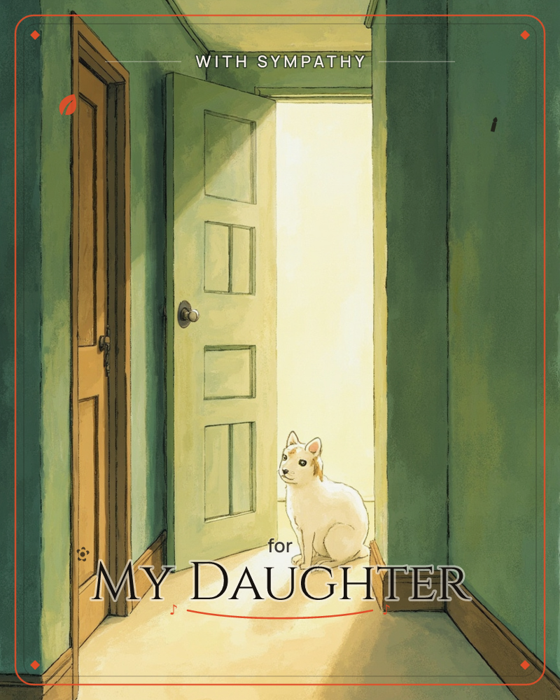A narrow hallway with deep green walls opens onto a pale green door standing ajar, spilling warm golden light across the floor, a sympathy e-card design