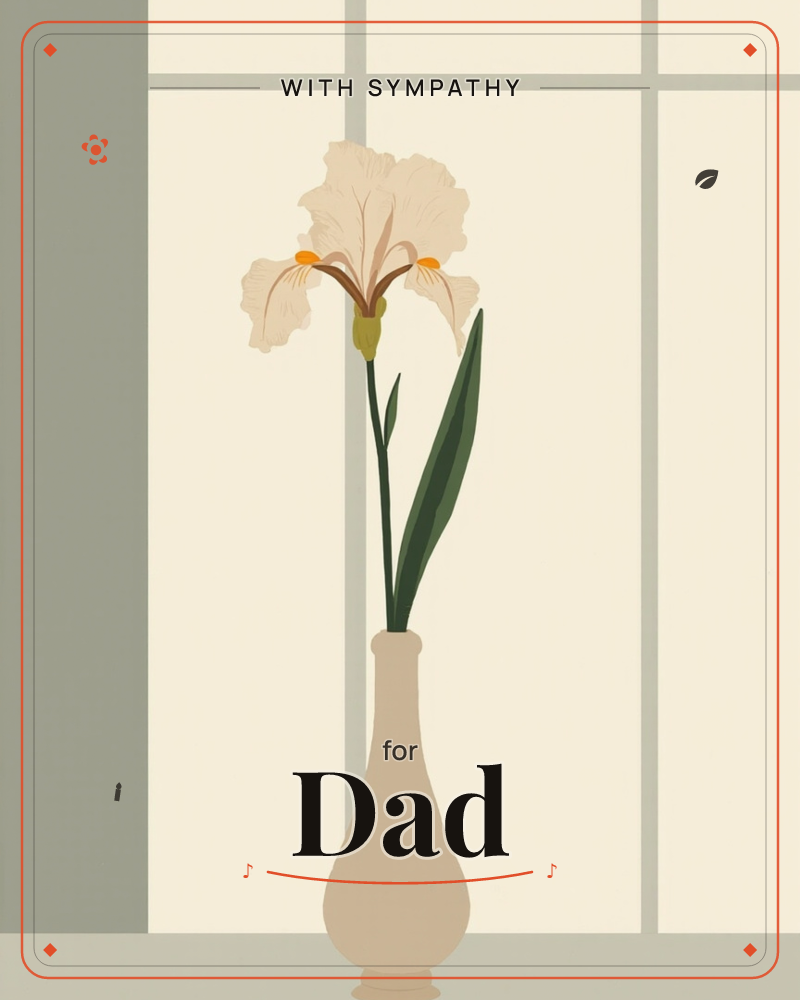 A single cream iris stands tall in a slender pale vase, set against a paned window with soft, even daylight, a sympathy e-card design