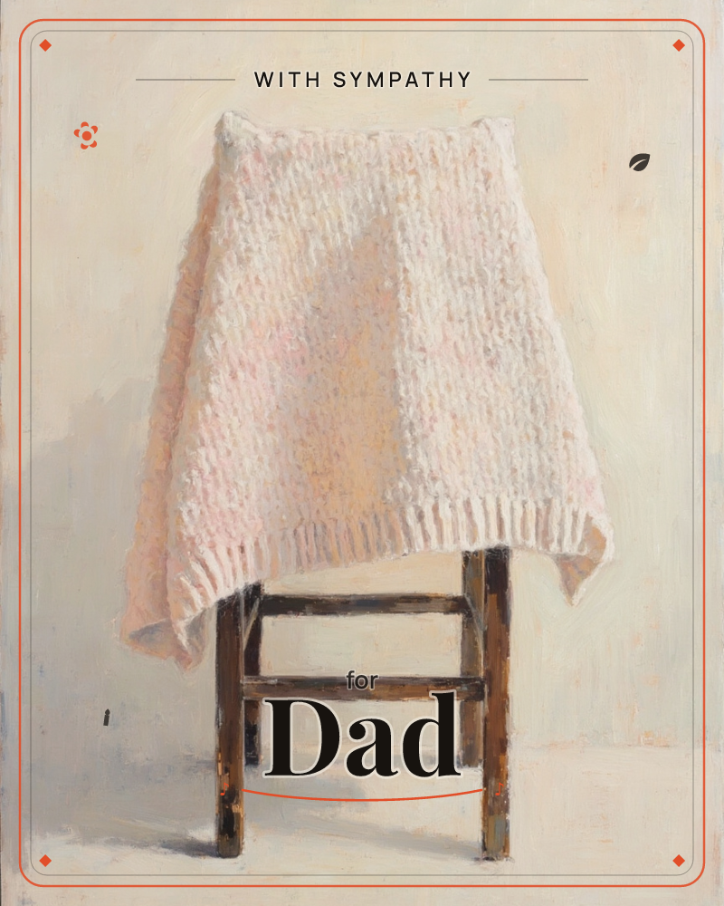 A pale pink hand-knitted throw is draped over the back of a simple wooden stool, its loose ribbed texture catching soft, even studio light, a sympathy e-card design