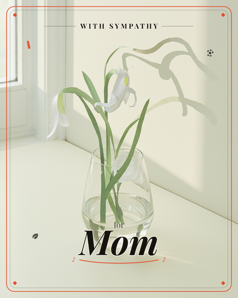 A glass tumbler holds a few drooping white blooms with slender green leaves, set on a pale windowsill beside a half-open sash window, a sympathy e-card design