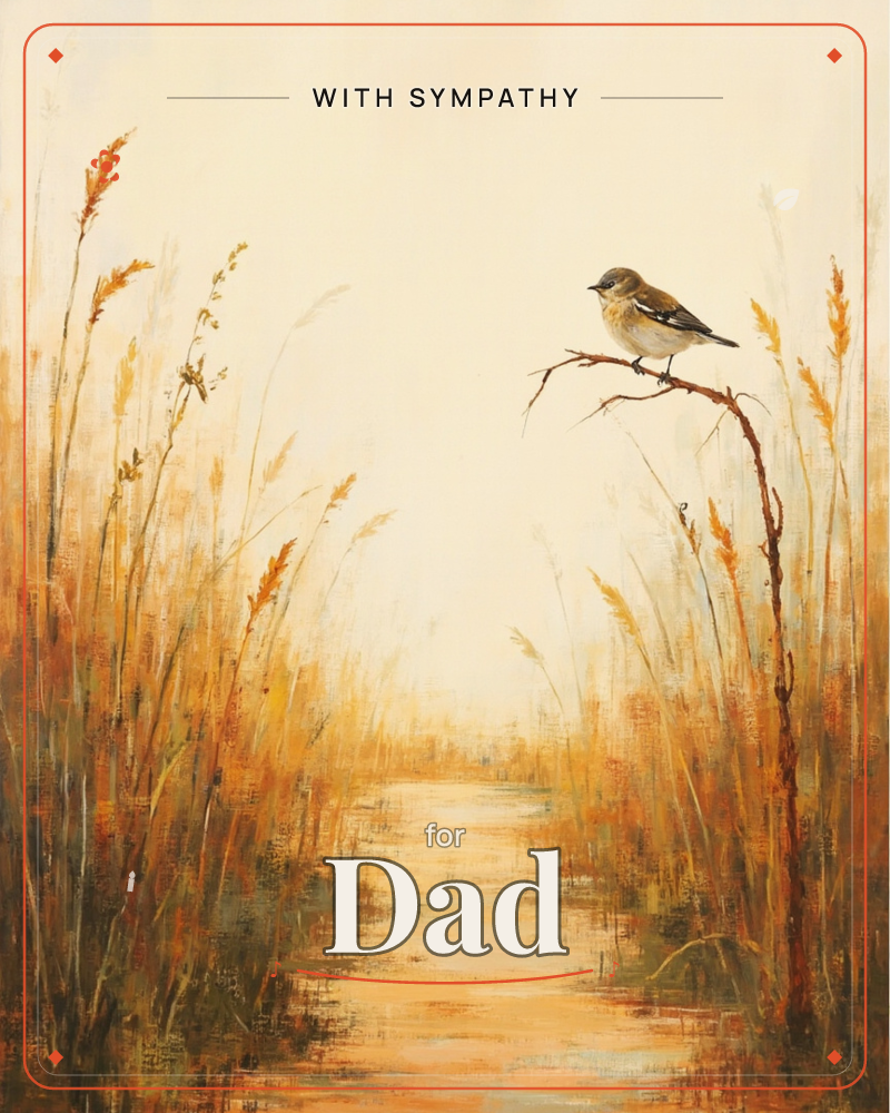 A small speckled bird perches on a bare, thin branch above a golden marsh, tall dried reeds framing a quiet water channel that winds toward a hazy horizon, a sympathy e-card design
